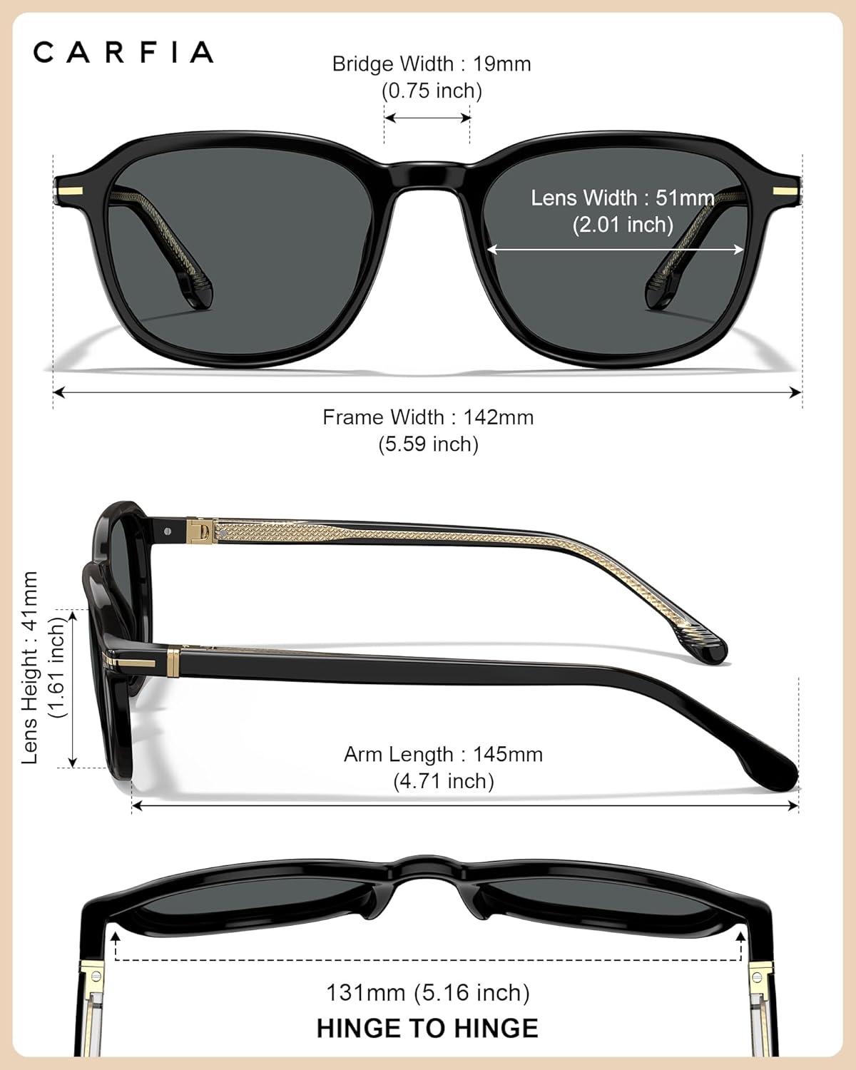 image:imageCARFIA Square Polarized Sunglasses for Men Fashion Geometric Acetate Frame Flexible Driving Golf Shades UV Protection3 Black Frame Grey Lens