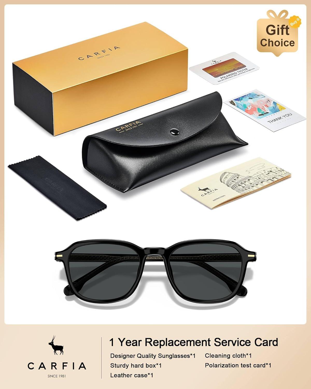 image:imageCARFIA Square Polarized Sunglasses for Men Fashion Geometric Acetate Frame Flexible Driving Golf Shades UV Protection3 Black Frame Grey Lens