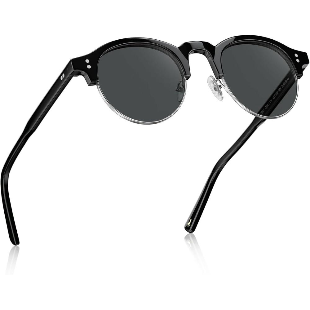 image:imageCARFIA Retro Round Polarized Sunglasses For Men Acetate SemiRimless Frames Driving Sun Glasses UV 400 Protection1 Black Frame Grey Lens