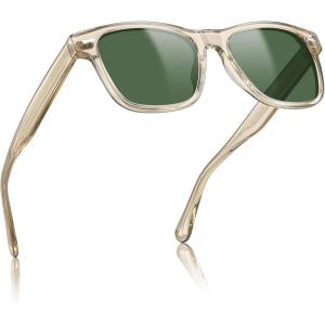 CARFIA Retro Acetate Polarized Sunglasses for Men UV Protection with Embossed Pattern Wire Core CA2301(C5-1. Transparent Tea Frame Green Lens)