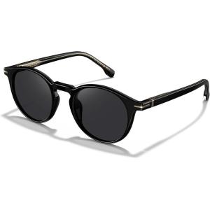 CARFIA Retro Round Atetate Polarized Sunglasses for Men UV Protection, Trendy Keyhole Sunnies Driving Shades Male Eyewears(2-1. Black Frame Grey Lens)