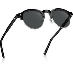 CARFIA Retro Round Polarized Sunglasses For Men, Acetate Semi-Rimless Frames Driving Sun Glasses UV 400 Protection(1. Black Frame Grey Lens)