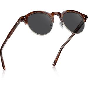 CARFIA Retro Round Polarized Sunglasses For Men, Acetate Semi-Rimless Frames Driving Sun Glasses UV 400 Protection(4. Tortoise Frame Grey Lens)