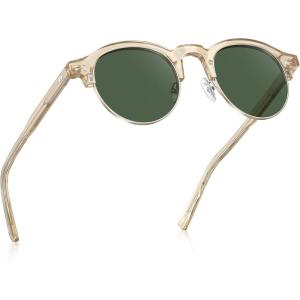 CARFIA Retro Round Polarized Sunglasses For Men, Acetate Semi-Rimless Frames Driving Sun Glasses UV 400 Protection(5. Tea Frame Green Lens)