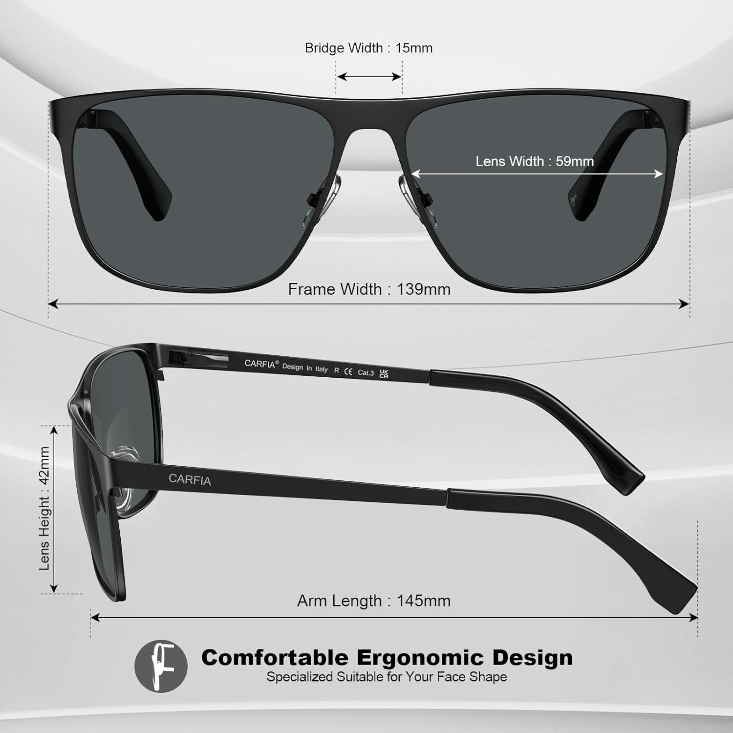 image:imageCARFIA Spring Hinge Metal Polarized Sunglasses for Men UV Protection Lightweight Square Sun Glasses for Driving Fishing Golf1 Matte Black Frame Grey Lens