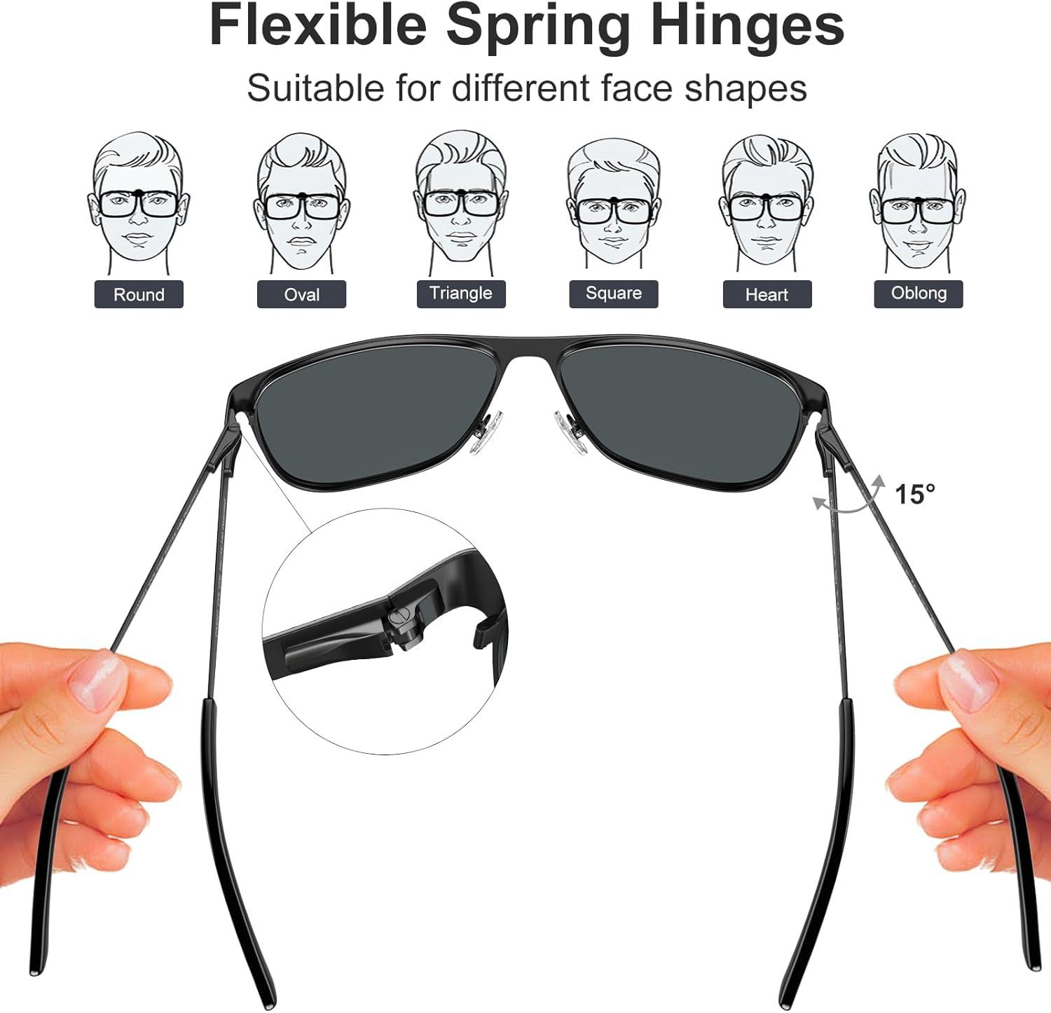 image:imageCARFIA Spring Hinge Metal Polarized Sunglasses for Men UV Protection Lightweight Square Sun Glasses for Driving Fishing Golf1 Matte Black Frame Grey Lens