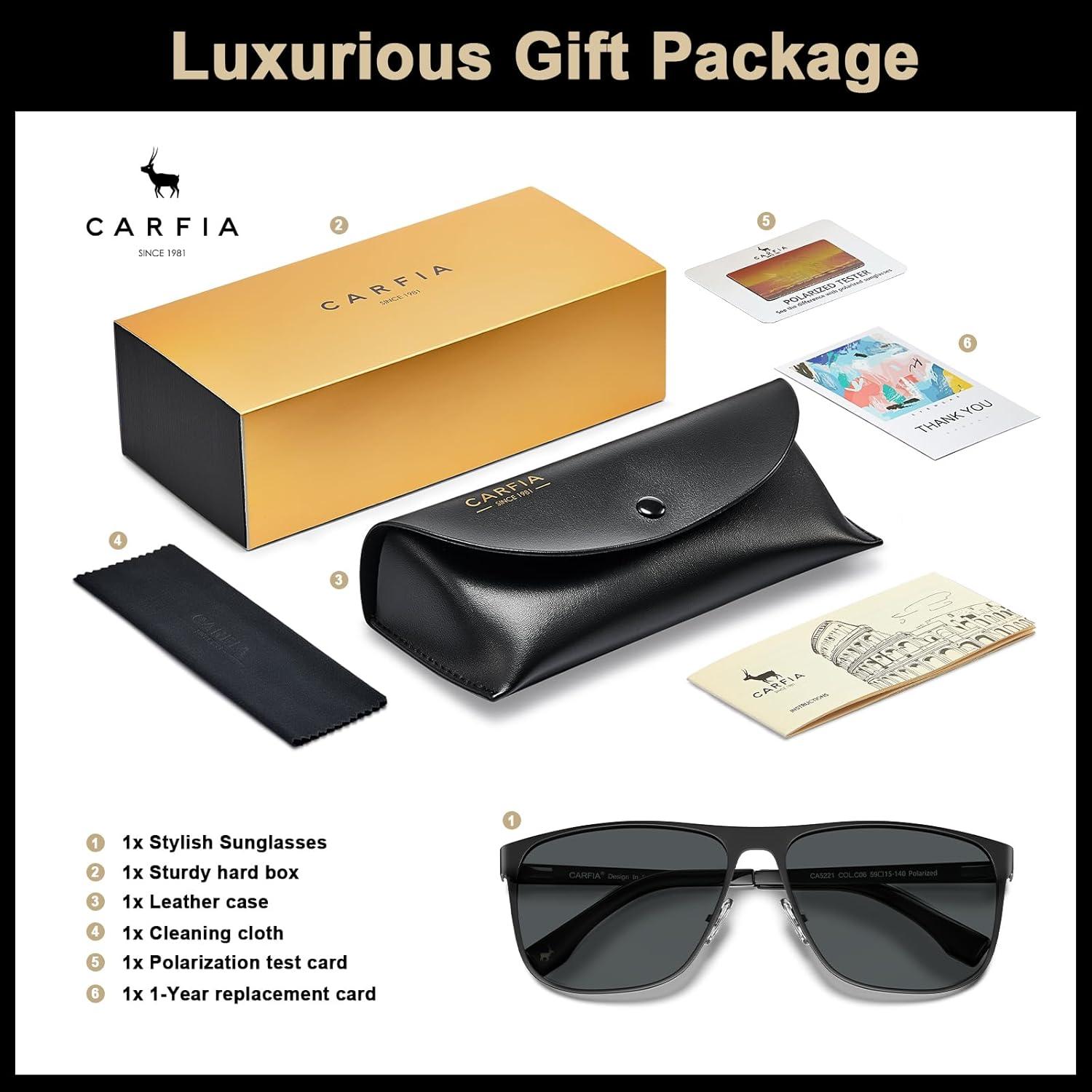 image:imageCARFIA Spring Hinge Metal Polarized Sunglasses for Men UV Protection Lightweight Square Sun Glasses for Driving Fishing Golf1 Matte Black Frame Grey Lens