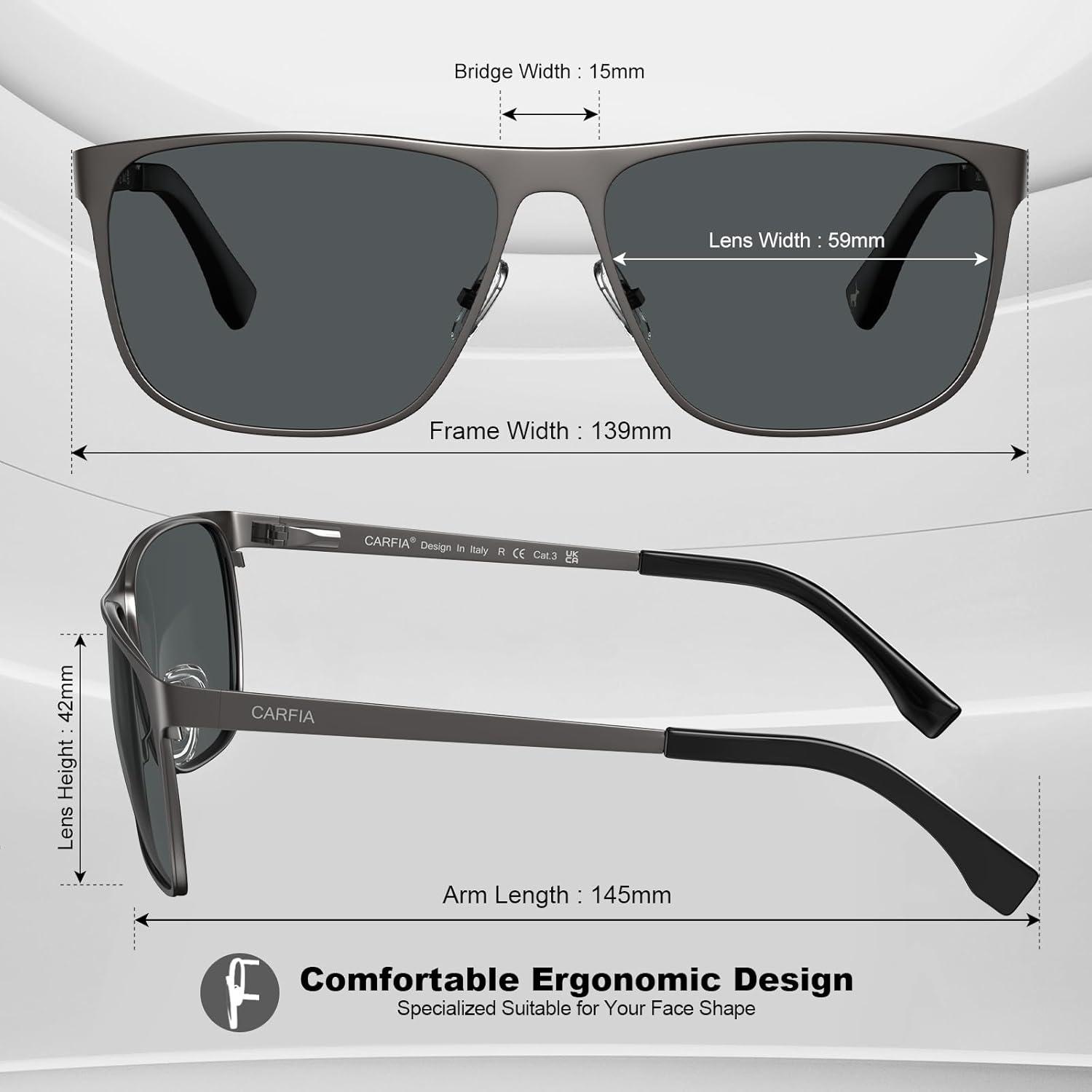 image:imageCARFIA Spring Hinge Metal Polarized Sunglasses for Men UV Protection Lightweight Square Sun Glasses for Driving Fishing Golf2 Matte Gun Frame Grey Lens