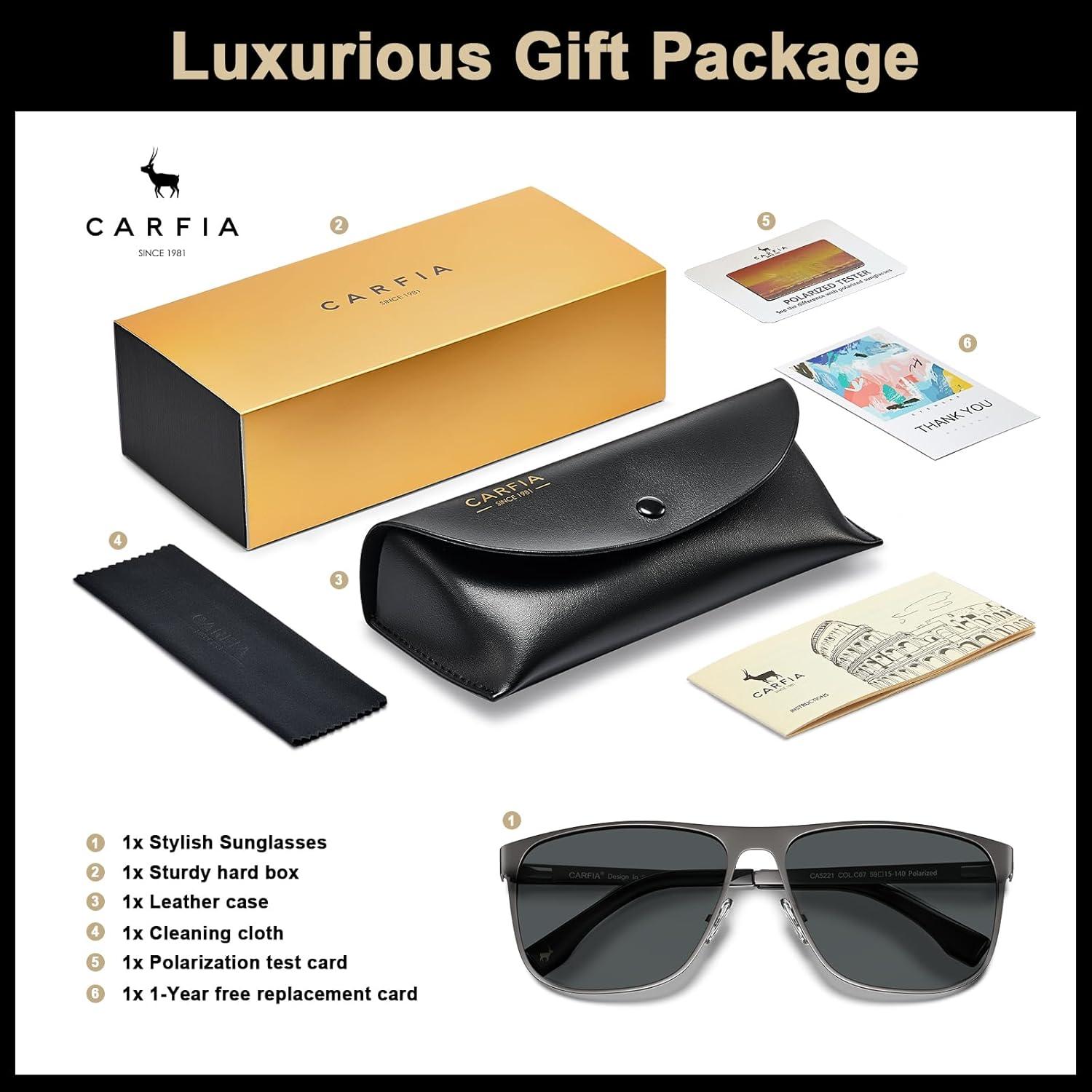 image:imageCARFIA Spring Hinge Metal Polarized Sunglasses for Men UV Protection Lightweight Square Sun Glasses for Driving Fishing Golf2 Matte Gun Frame Grey Lens