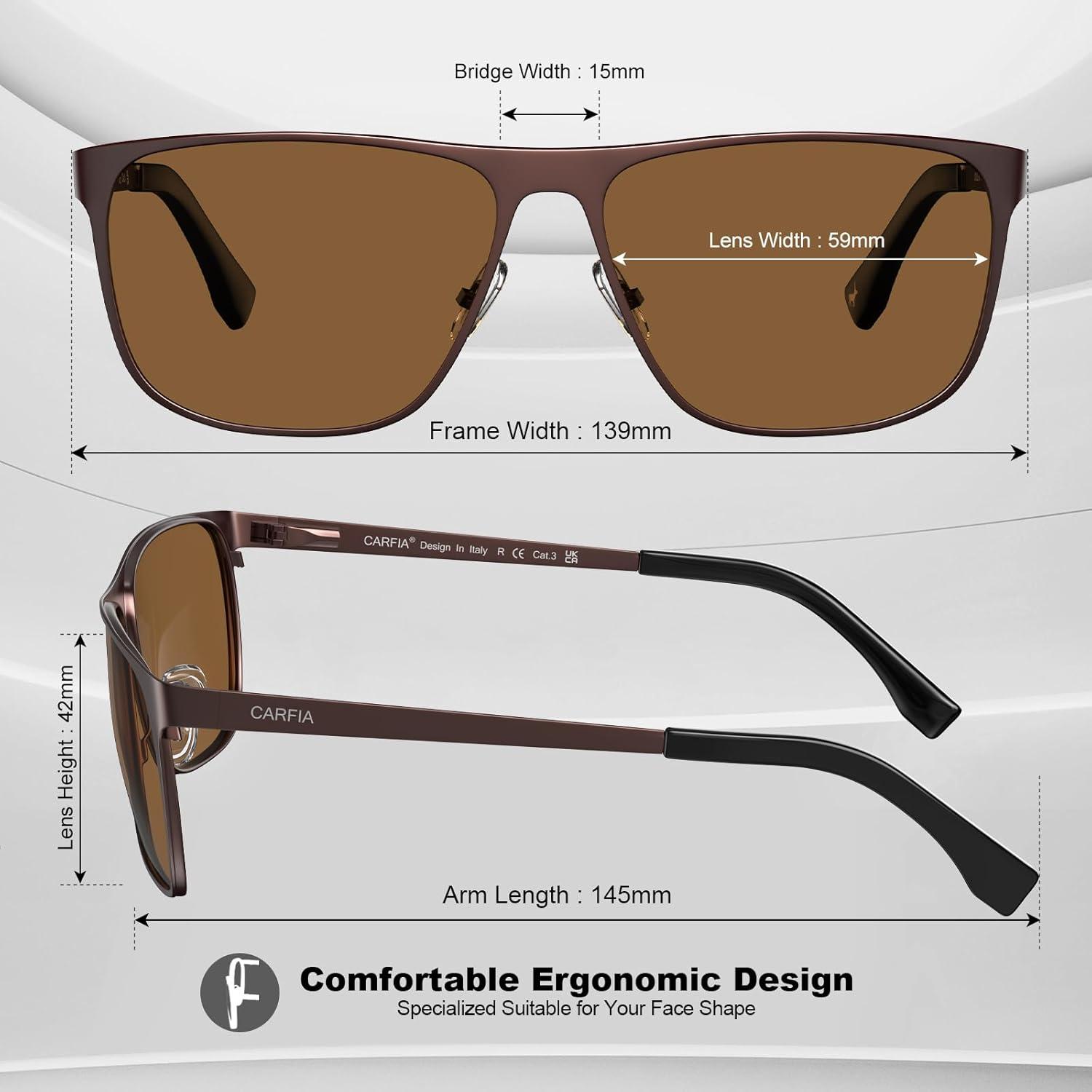 image:imageCARFIA Spring Hinge Metal Polarized Sunglasses for Men UV Protection Lightweight Square Sun Glasses for Driving Fishing Golf3 Brown Frame Brown Lens