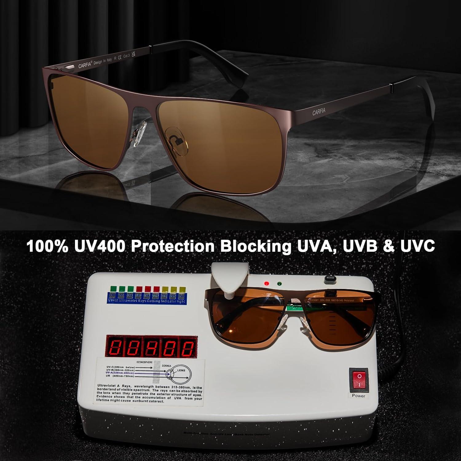 image:imageCARFIA Spring Hinge Metal Polarized Sunglasses for Men UV Protection Lightweight Square Sun Glasses for Driving Fishing Golf3 Brown Frame Brown Lens