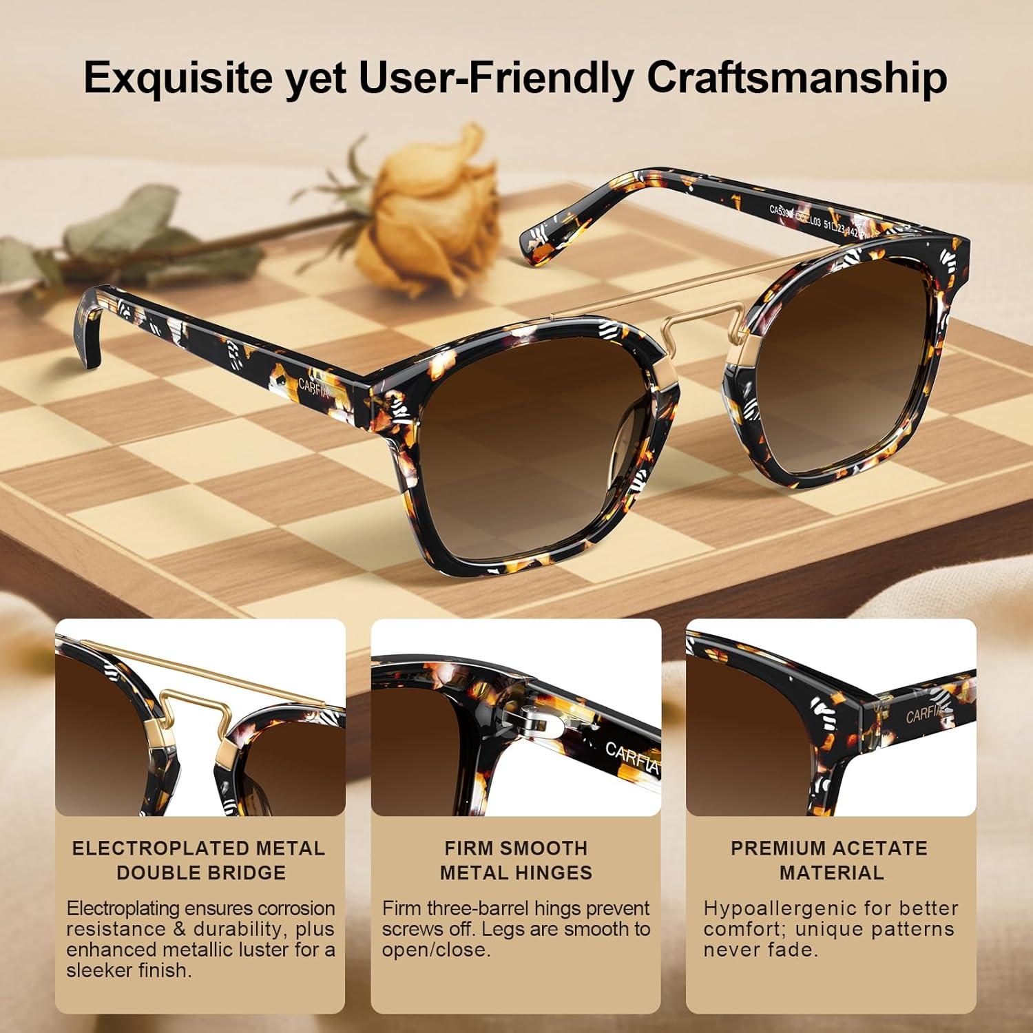 image:imageCARFIA Retro Polarized Sunglasses Womens UV400 Protection Unique Double Metal Bridge Premium Square Acetate ShadesA1 Zebra Stripe Frame Brown Lens