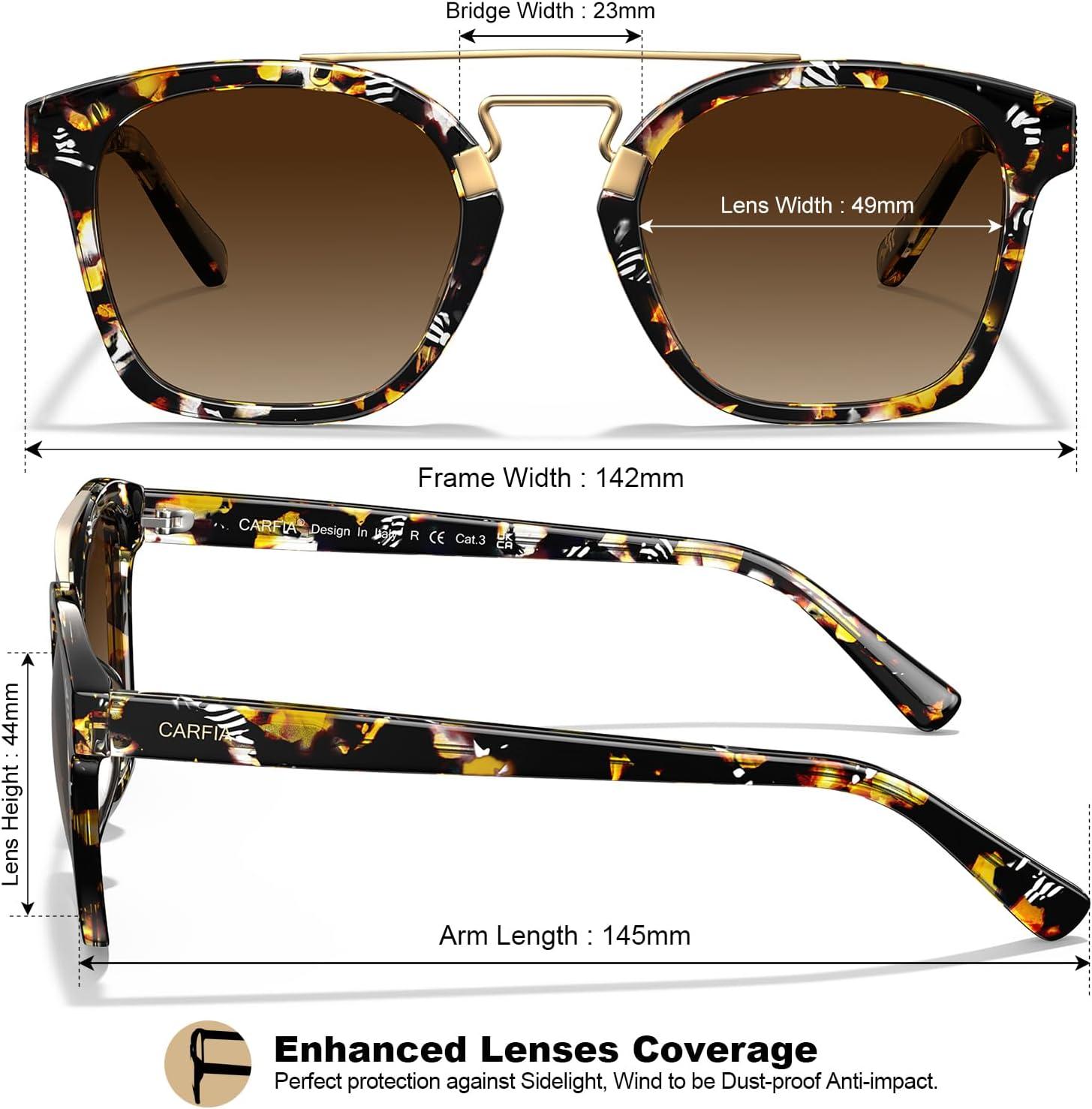 image:imageCARFIA Retro Polarized Sunglasses Womens UV400 Protection Unique Double Metal Bridge Premium Square Acetate ShadesA1 Zebra Stripe Frame Brown Lens