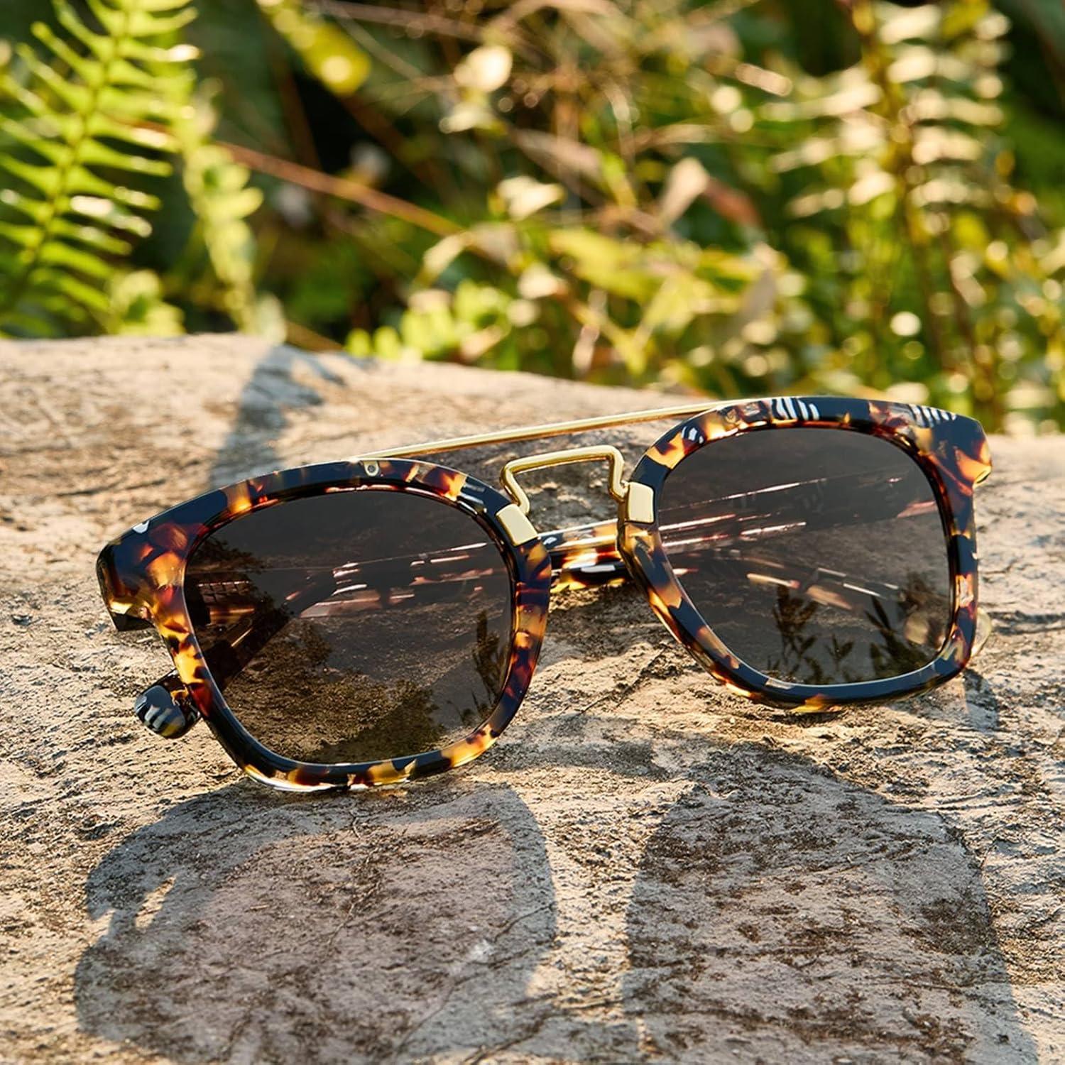 image:imageCARFIA Retro Polarized Sunglasses Womens UV400 Protection Unique Double Metal Bridge Premium Square Acetate ShadesA1 Zebra Stripe Frame Brown Lens