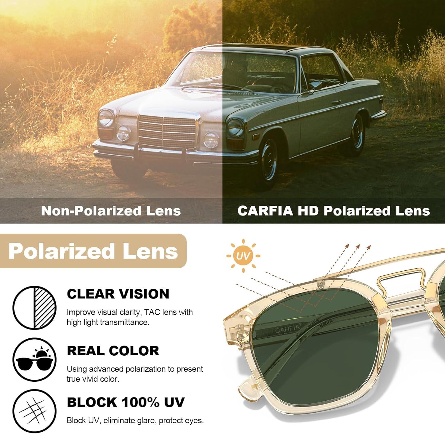 image:imageCARFIA Retro Polarized Sunglasses Womens UV400 Protection Unique Double Metal Bridge Premium Square Acetate ShadesA2 Transparent Yellow Frame Green Lenses