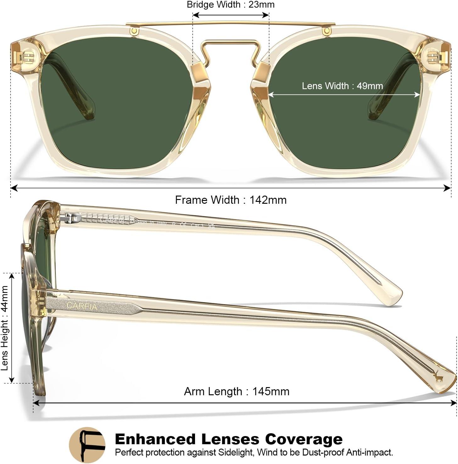 image:imageCARFIA Retro Polarized Sunglasses Womens UV400 Protection Unique Double Metal Bridge Premium Square Acetate ShadesA2 Transparent Yellow Frame Green Lenses