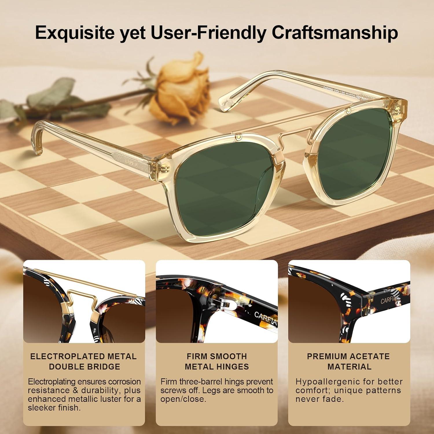 image:imageCARFIA Retro Polarized Sunglasses Womens UV400 Protection Unique Double Metal Bridge Premium Square Acetate ShadesA2 Transparent Yellow Frame Green Lenses