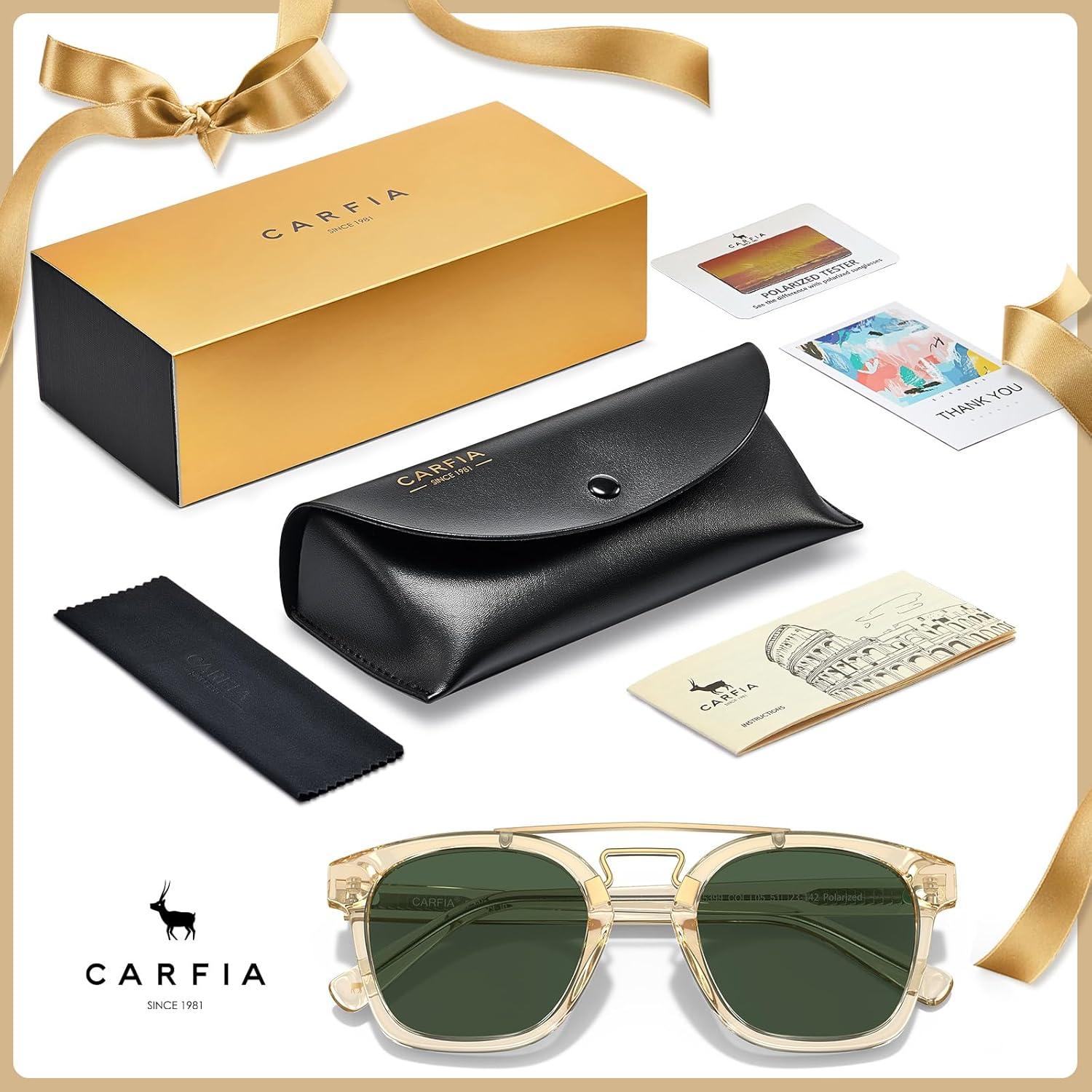 image:imageCARFIA Retro Polarized Sunglasses Womens UV400 Protection Unique Double Metal Bridge Premium Square Acetate ShadesA2 Transparent Yellow Frame Green Lenses