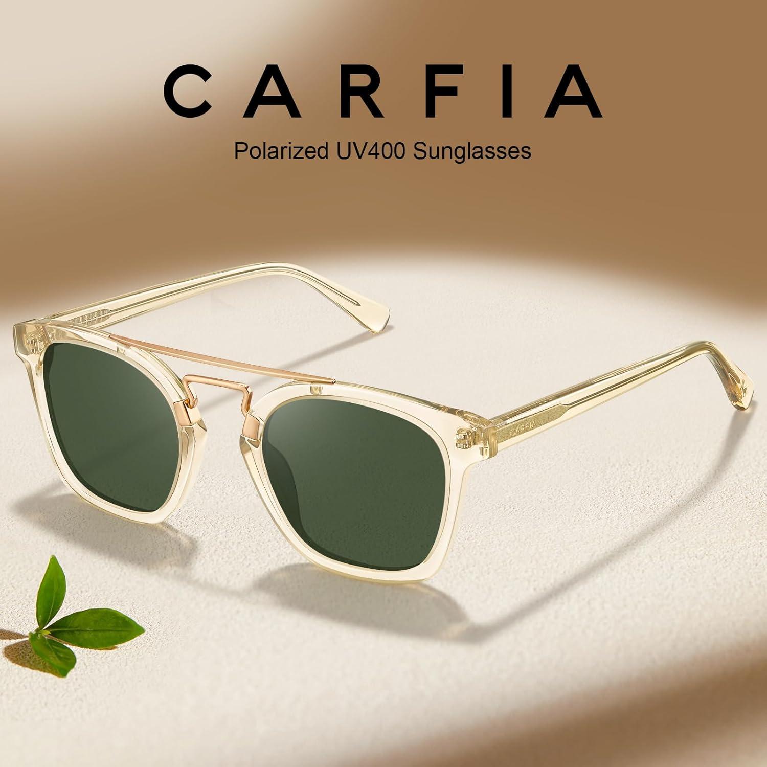 image:imageCARFIA Retro Polarized Sunglasses Womens UV400 Protection Unique Double Metal Bridge Premium Square Acetate ShadesA2 Transparent Yellow Frame Green Lenses