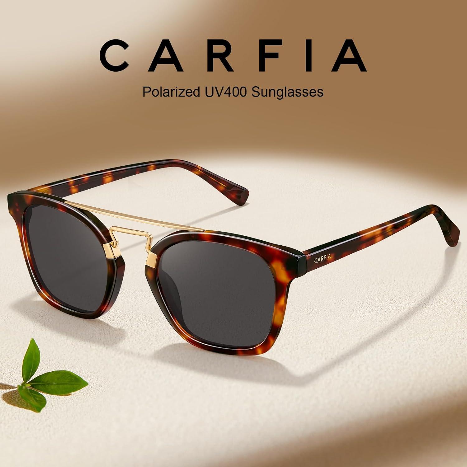 image:imageCARFIA Retro Polarized Sunglasses Womens UV400 Protection Unique Double Metal Bridge Premium Square Acetate ShadesA3 Tortoisesshell Frame Grey Lens