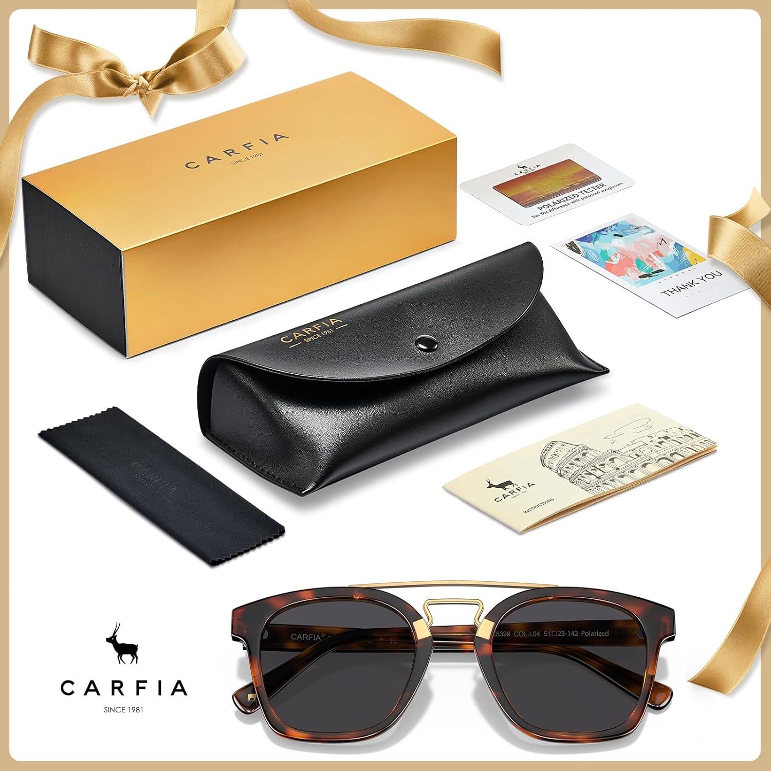 image:imageCARFIA Retro Polarized Sunglasses Womens UV400 Protection Unique Double Metal Bridge Premium Square Acetate ShadesA3 Tortoisesshell Frame Grey Lens