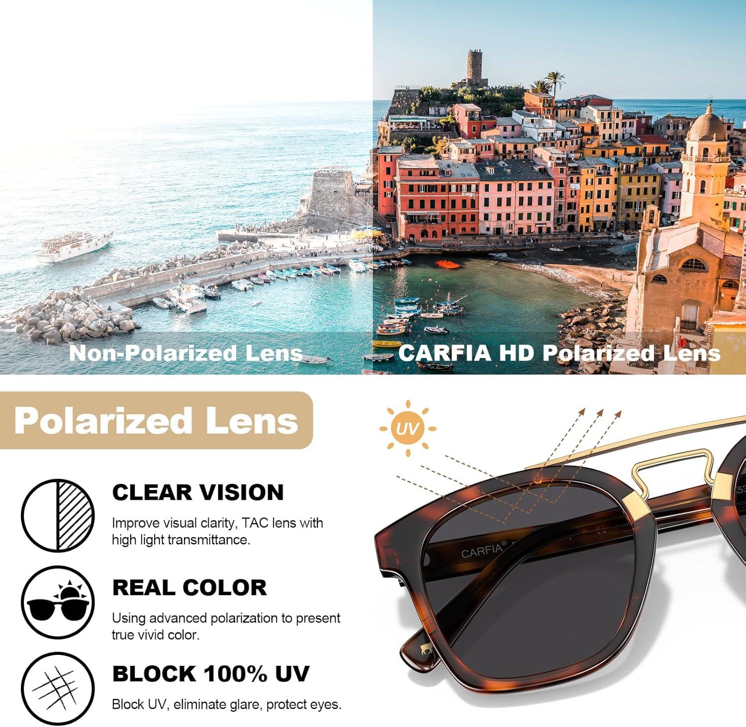image:imageCARFIA Retro Polarized Sunglasses Womens UV400 Protection Unique Double Metal Bridge Premium Square Acetate ShadesA3 Tortoisesshell Frame Grey Lens