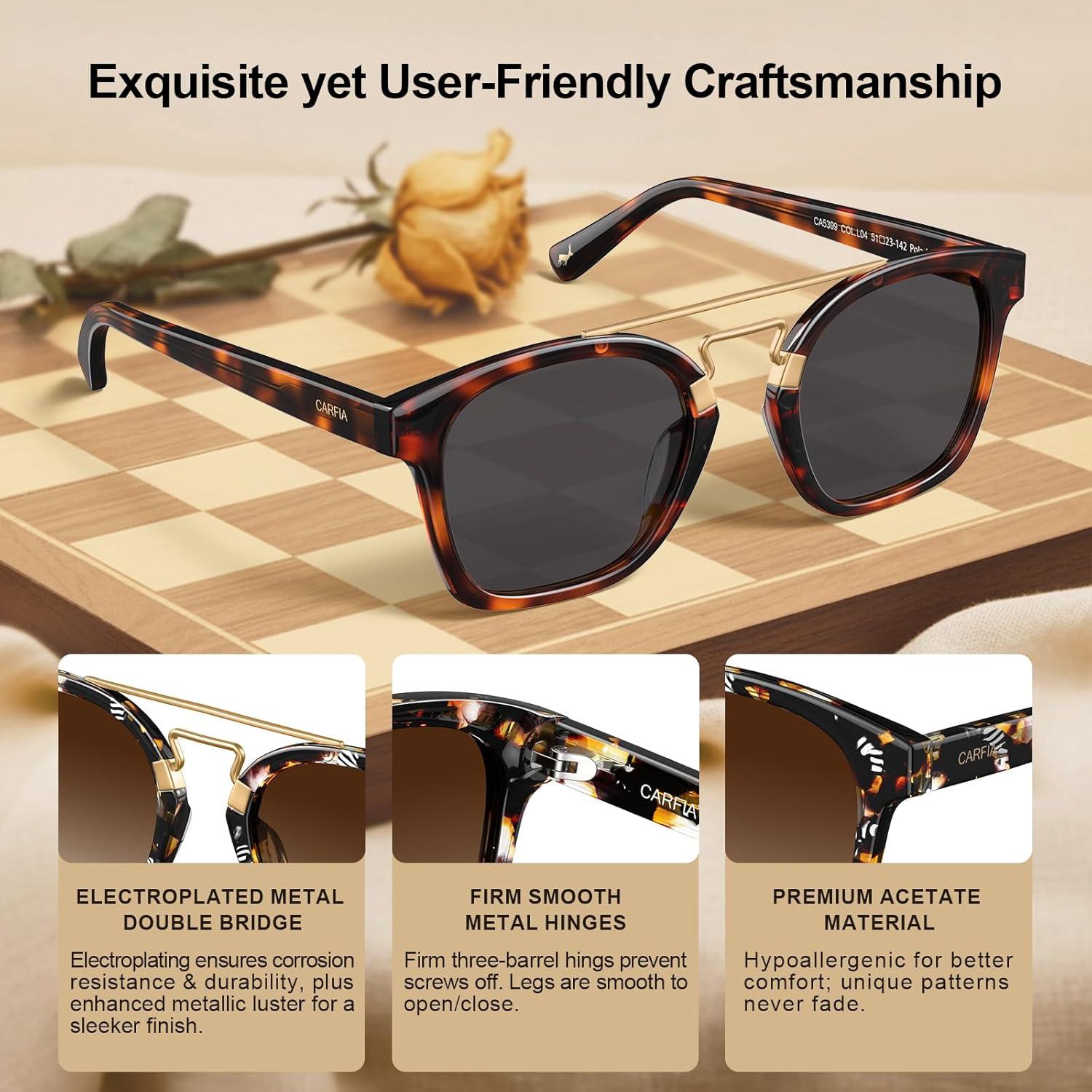 image:imageCARFIA Retro Polarized Sunglasses Womens UV400 Protection Unique Double Metal Bridge Premium Square Acetate ShadesA3 Tortoisesshell Frame Grey Lens
