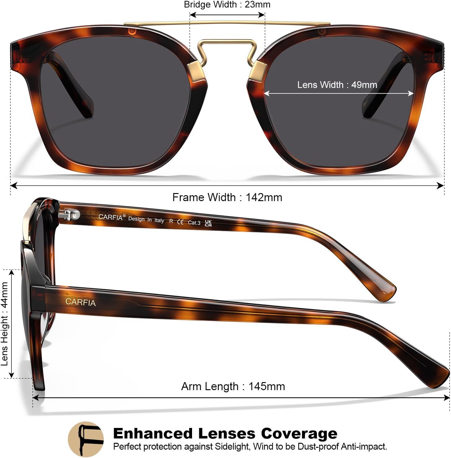 image:imageCARFIA Retro Polarized Sunglasses Womens UV400 Protection Unique Double Metal Bridge Premium Square Acetate ShadesA3 Tortoisesshell Frame Grey Lens