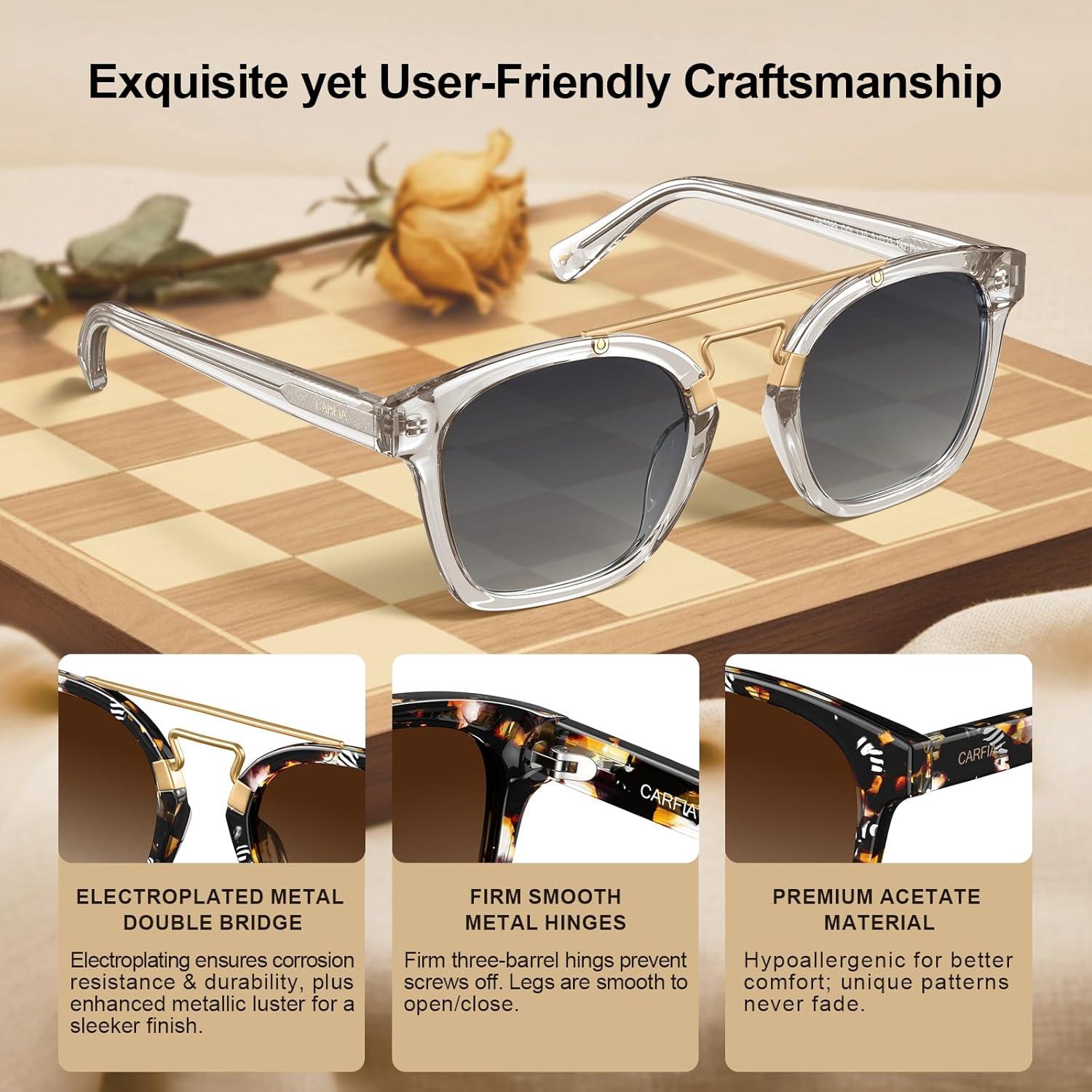 image:imageCARFIA Retro Polarized Sunglasses Womens UV400 Protection Unique Double Metal Bridge Premium Square Acetate ShadesA4transparent Grey Frame Grey Lens