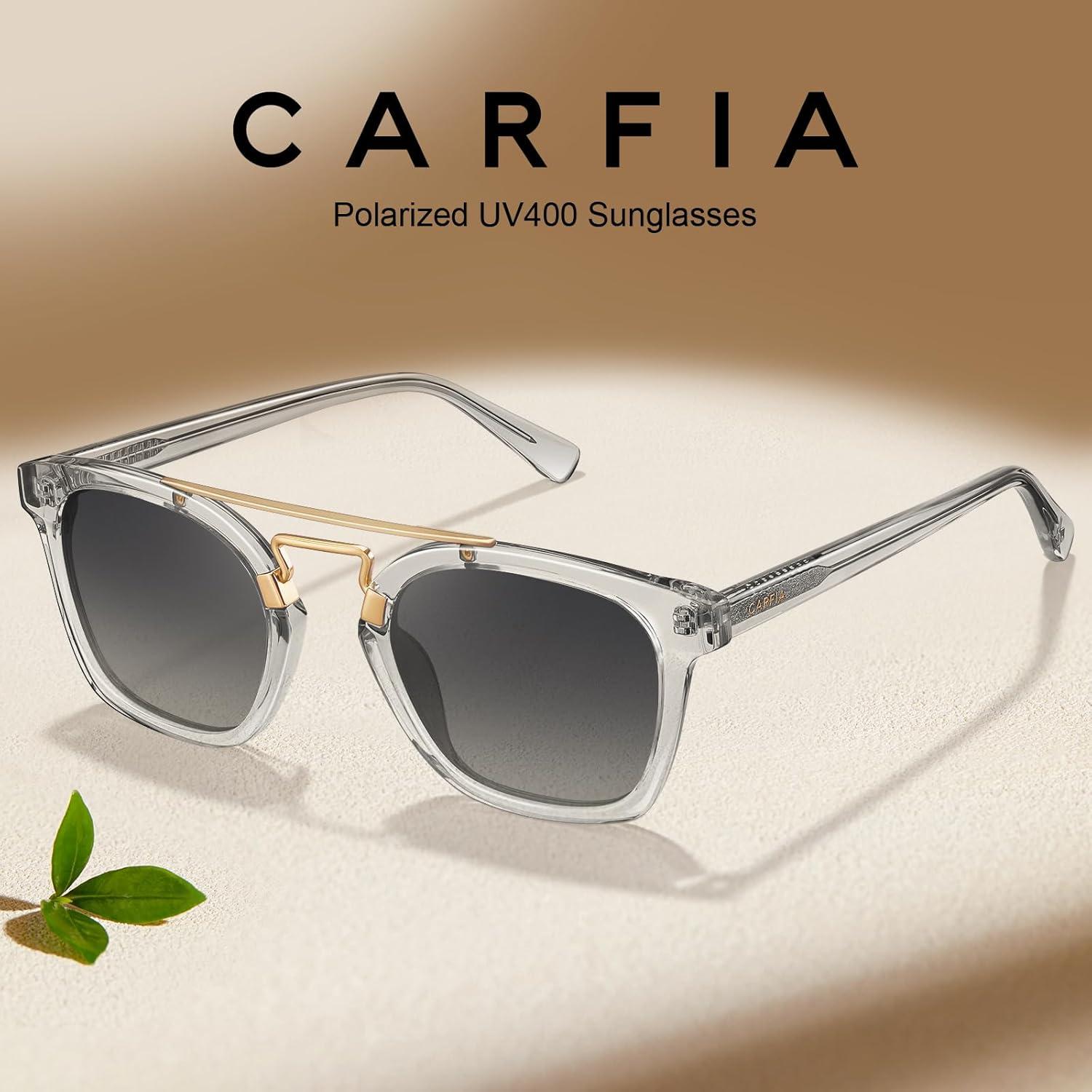 image:imageCARFIA Retro Polarized Sunglasses Womens UV400 Protection Unique Double Metal Bridge Premium Square Acetate ShadesA4transparent Grey Frame Grey Lens