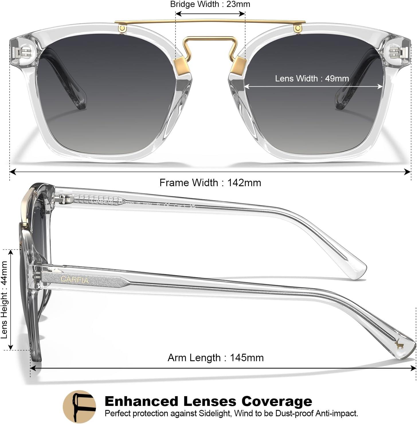 image:imageCARFIA Retro Polarized Sunglasses Womens UV400 Protection Unique Double Metal Bridge Premium Square Acetate ShadesA4transparent Grey Frame Grey Lens