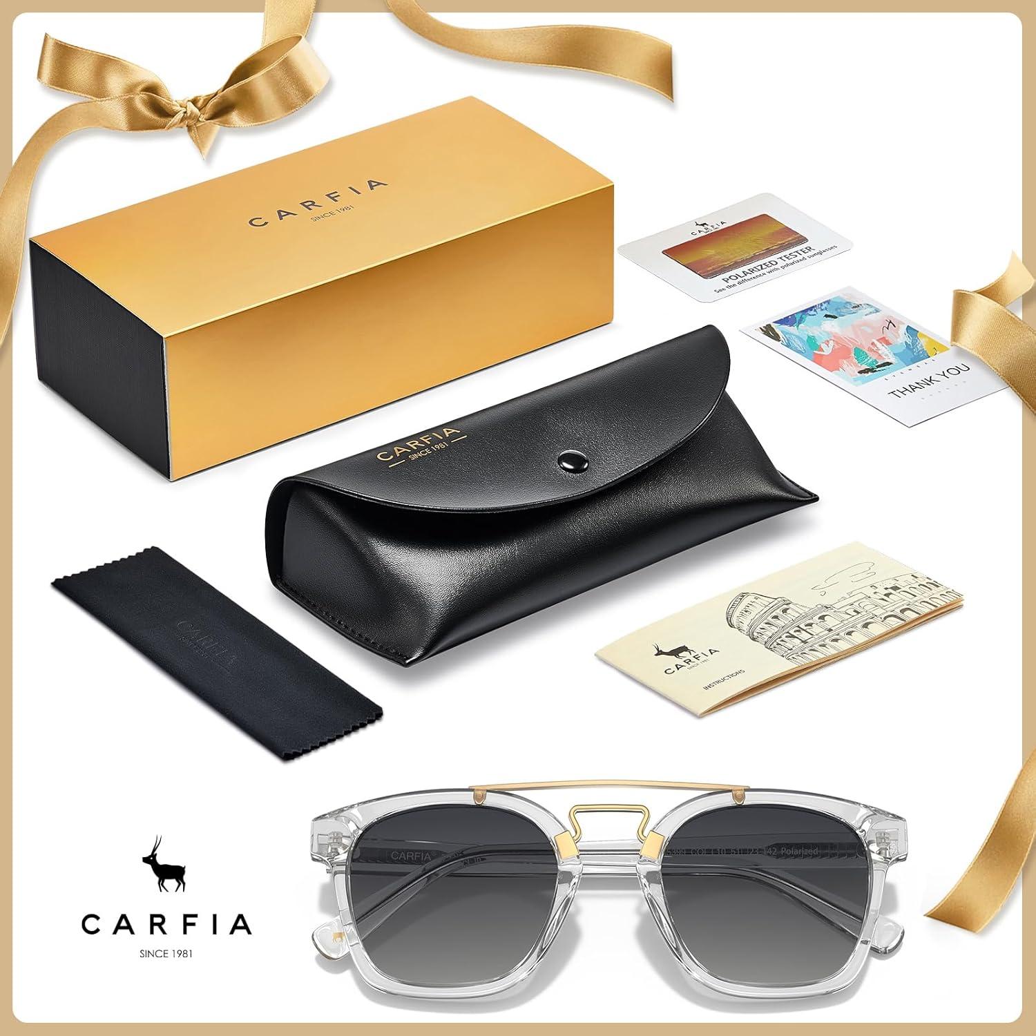 image:imageCARFIA Retro Polarized Sunglasses Womens UV400 Protection Unique Double Metal Bridge Premium Square Acetate ShadesA4transparent Grey Frame Grey Lens