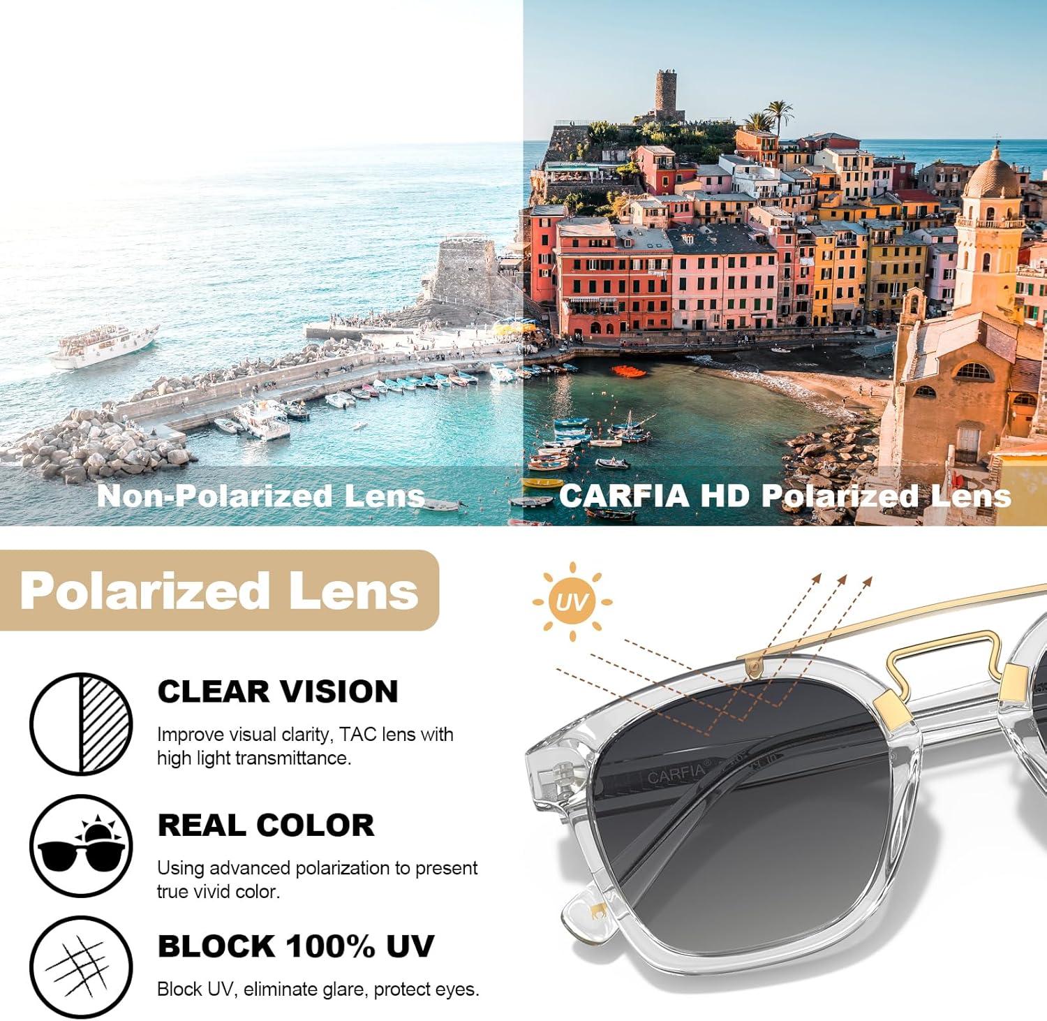 image:imageCARFIA Retro Polarized Sunglasses Womens UV400 Protection Unique Double Metal Bridge Premium Square Acetate ShadesA4transparent Grey Frame Grey Lens
