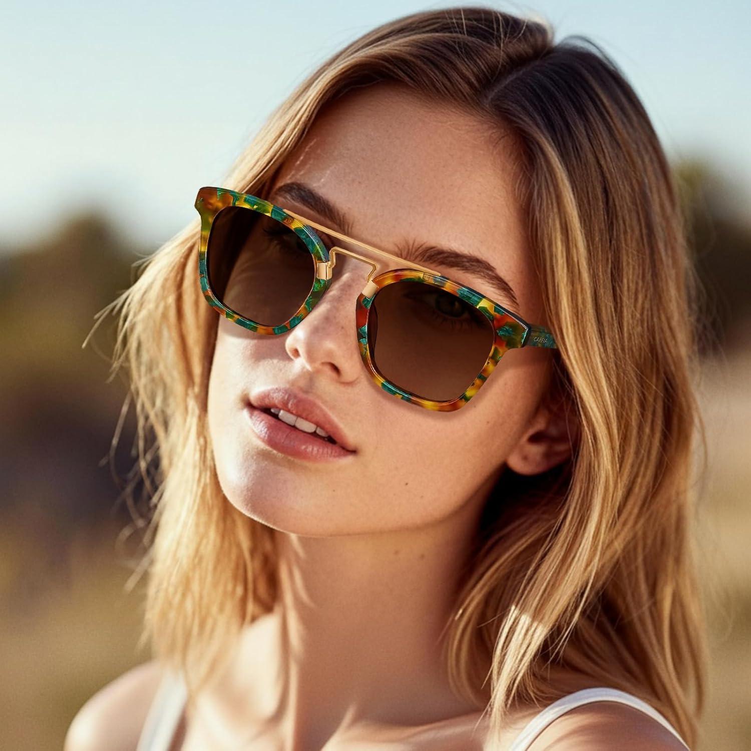 image:imageCARFIA Retro Polarized Sunglasses Womens UV400 Protection Unique Double Metal Bridge Premium Square Acetate ShadesA5mix Brown Frame Gradient Brown Lenses