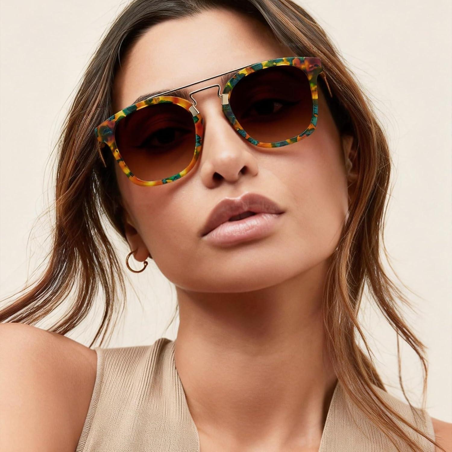 image:imageCARFIA Retro Polarized Sunglasses Womens UV400 Protection Unique Double Metal Bridge Premium Square Acetate ShadesA5mix Brown Frame Gradient Brown Lenses