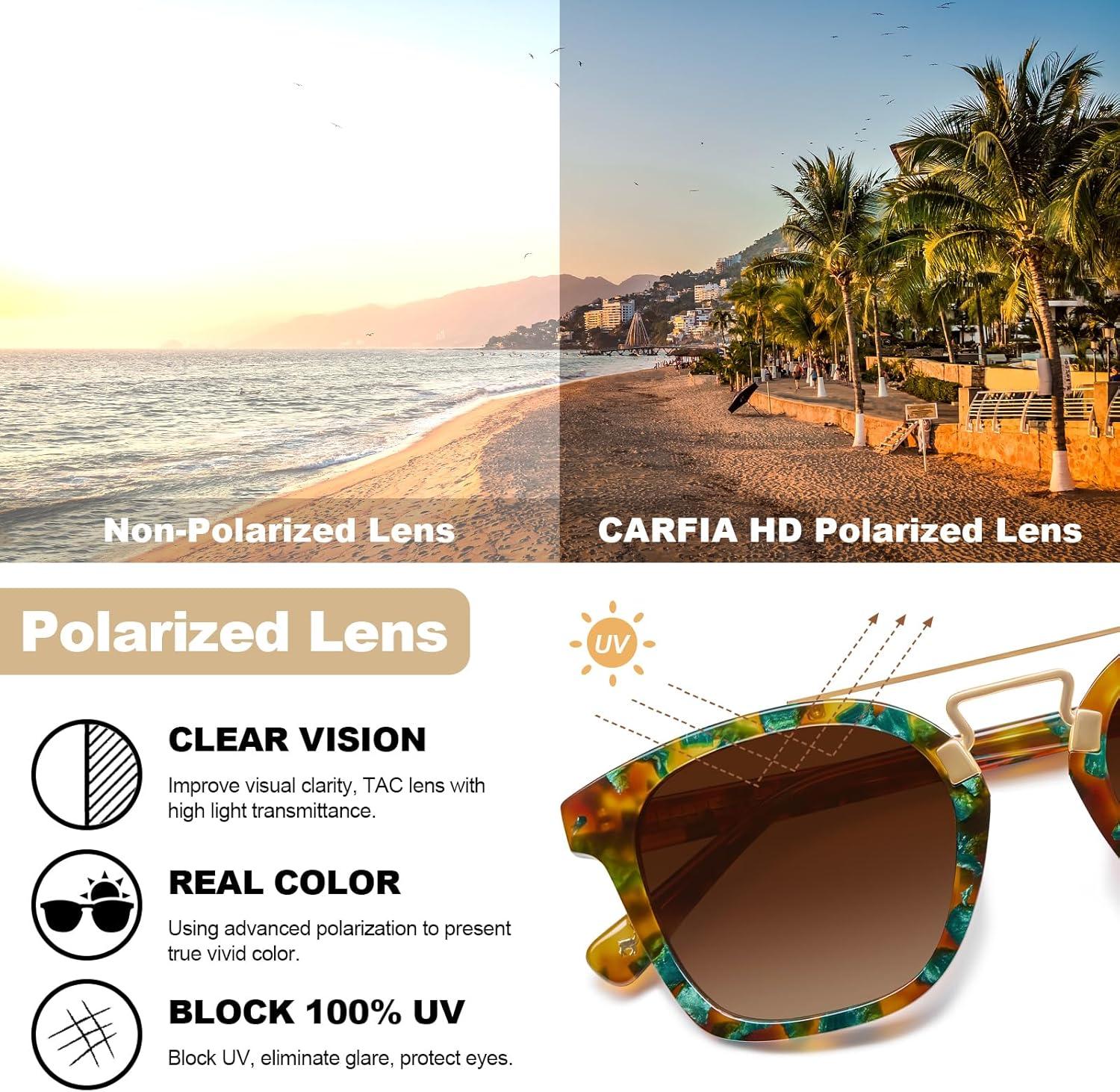 image:imageCARFIA Retro Polarized Sunglasses Womens UV400 Protection Unique Double Metal Bridge Premium Square Acetate ShadesA5mix Brown Frame Gradient Brown Lenses