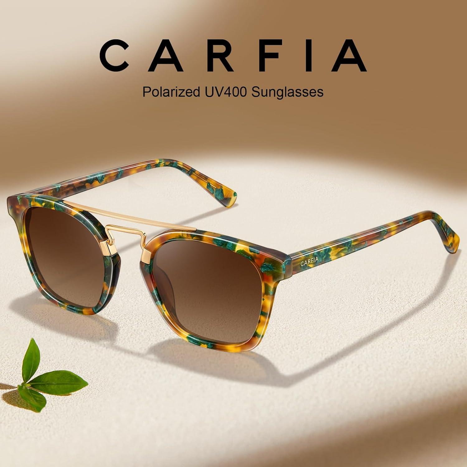 image:imageCARFIA Retro Polarized Sunglasses Womens UV400 Protection Unique Double Metal Bridge Premium Square Acetate ShadesA5mix Brown Frame Gradient Brown Lenses