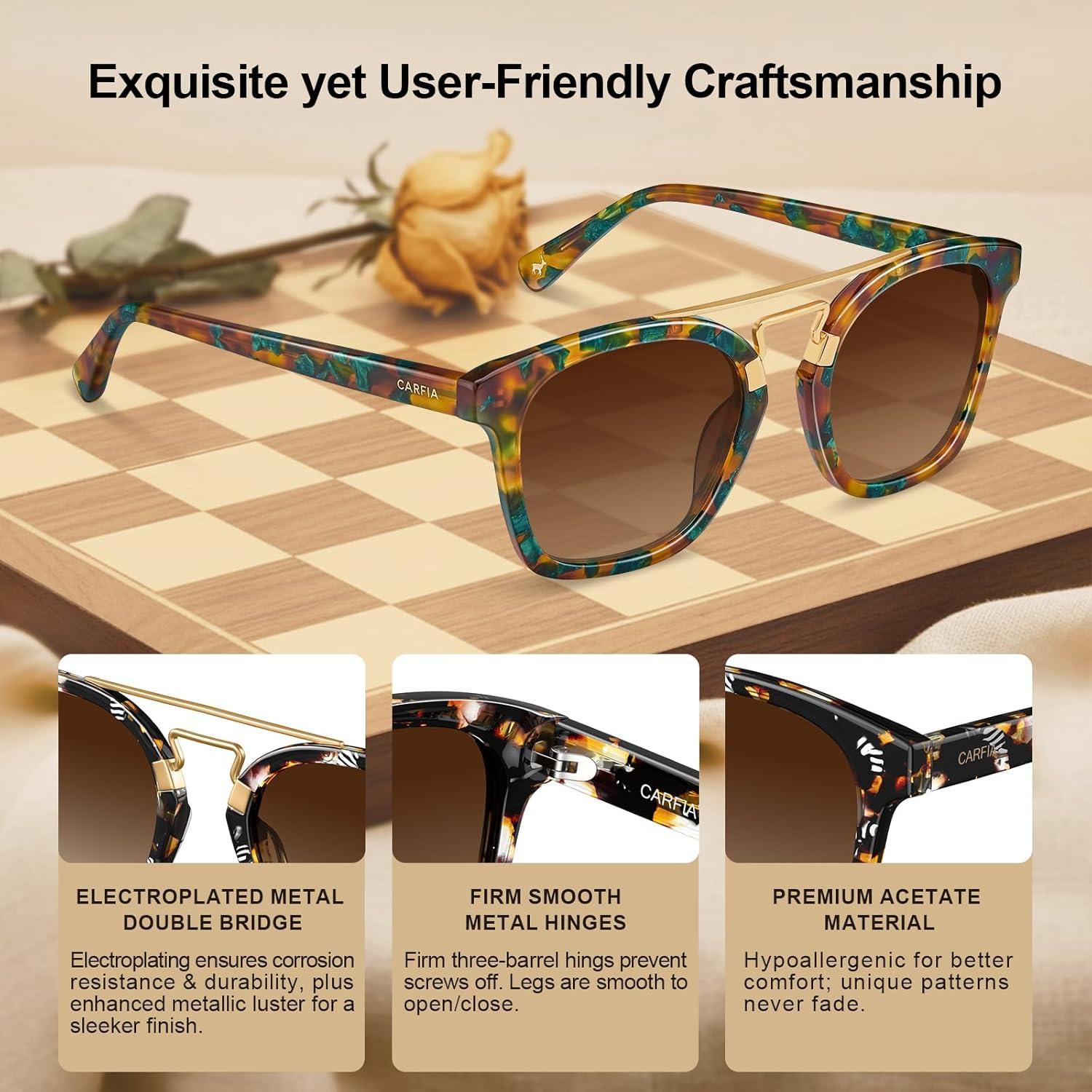image:imageCARFIA Retro Polarized Sunglasses Womens UV400 Protection Unique Double Metal Bridge Premium Square Acetate ShadesA5mix Brown Frame Gradient Brown Lenses