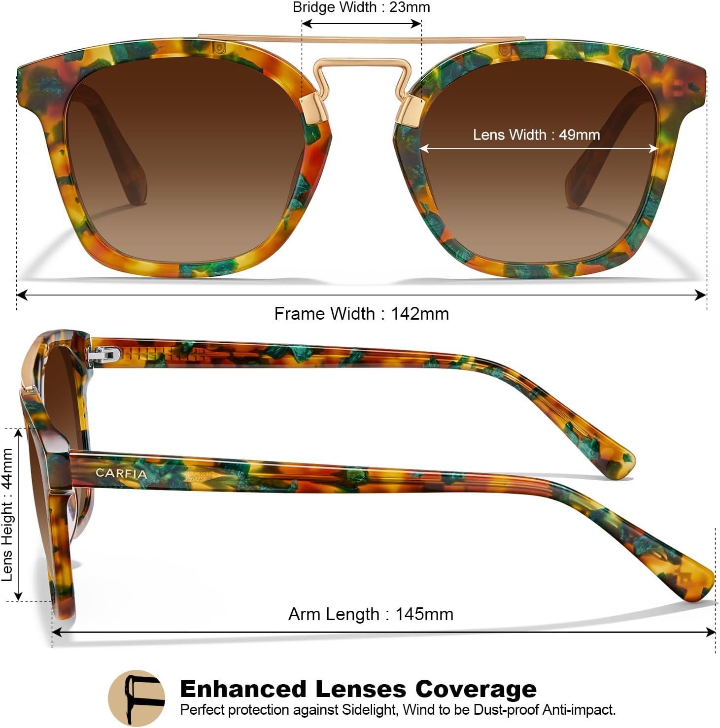 image:imageCARFIA Retro Polarized Sunglasses Womens UV400 Protection Unique Double Metal Bridge Premium Square Acetate ShadesA5mix Brown Frame Gradient Brown Lenses