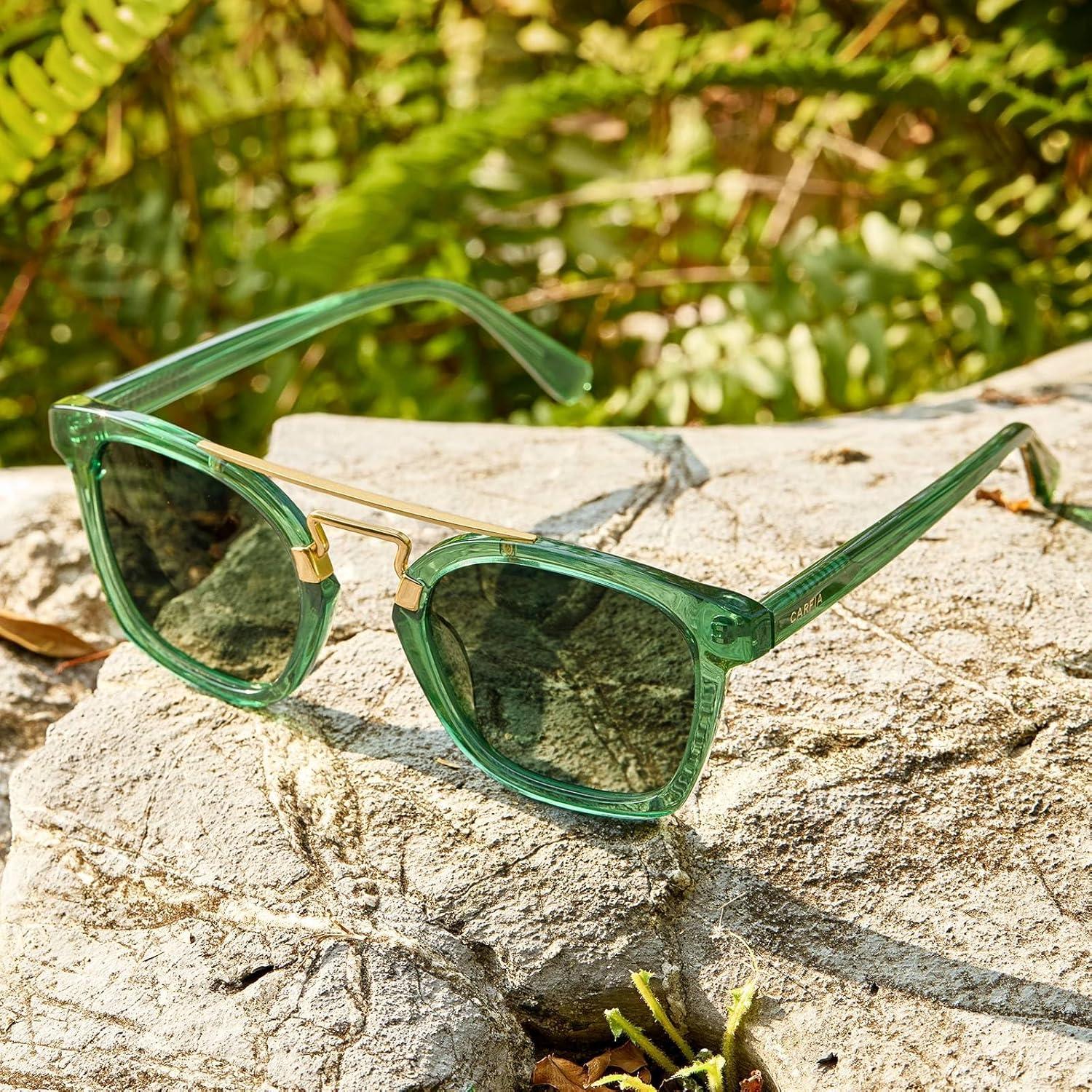 image:imageCARFIA Retro Polarized Sunglasses Womens UV400 Protection Unique Double Metal Bridge Premium Square Acetate ShadesA6green Frame Gradient Green Lenses