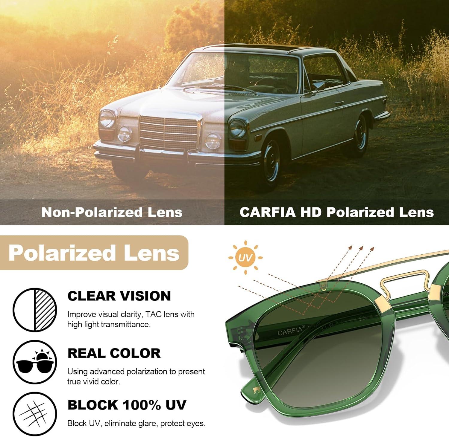 image:imageCARFIA Retro Polarized Sunglasses Womens UV400 Protection Unique Double Metal Bridge Premium Square Acetate ShadesA6green Frame Gradient Green Lenses