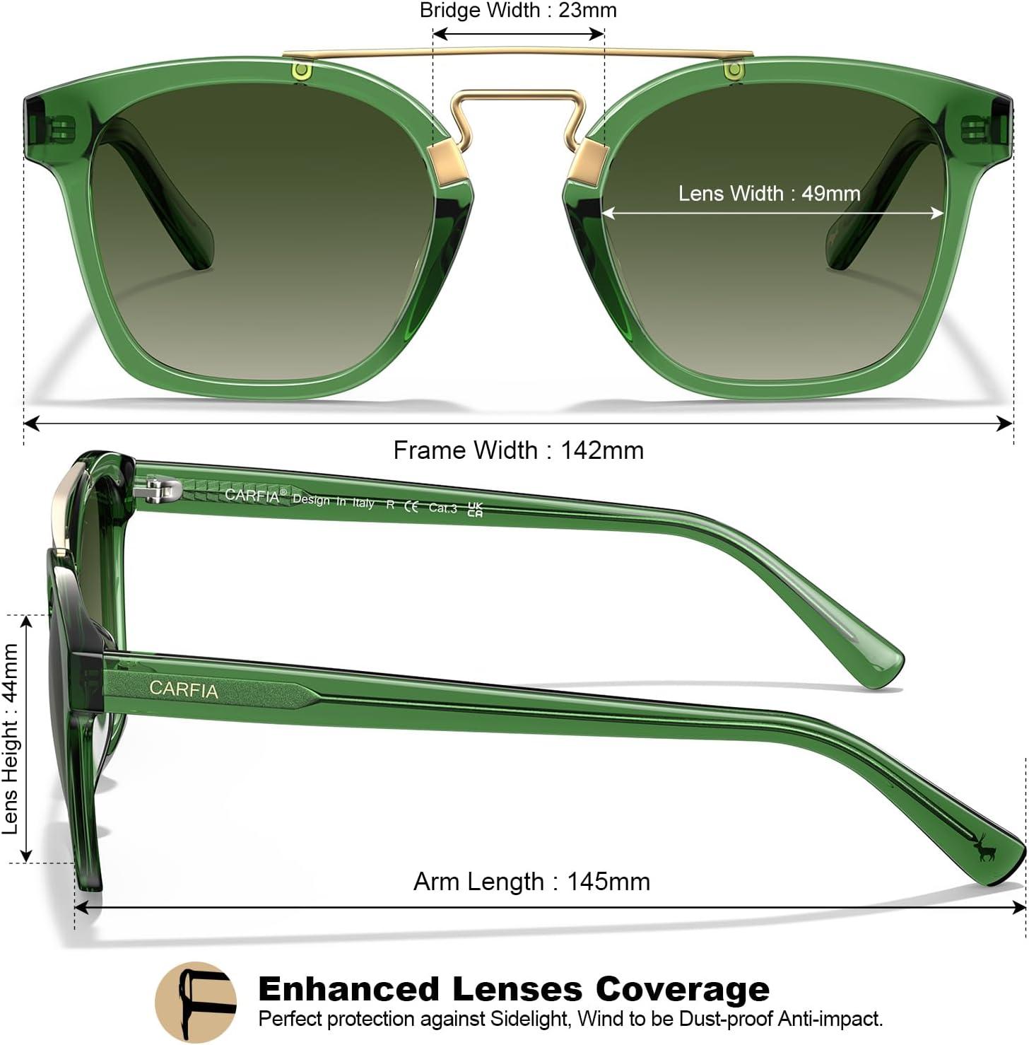 image:imageCARFIA Retro Polarized Sunglasses Womens UV400 Protection Unique Double Metal Bridge Premium Square Acetate ShadesA6green Frame Gradient Green Lenses