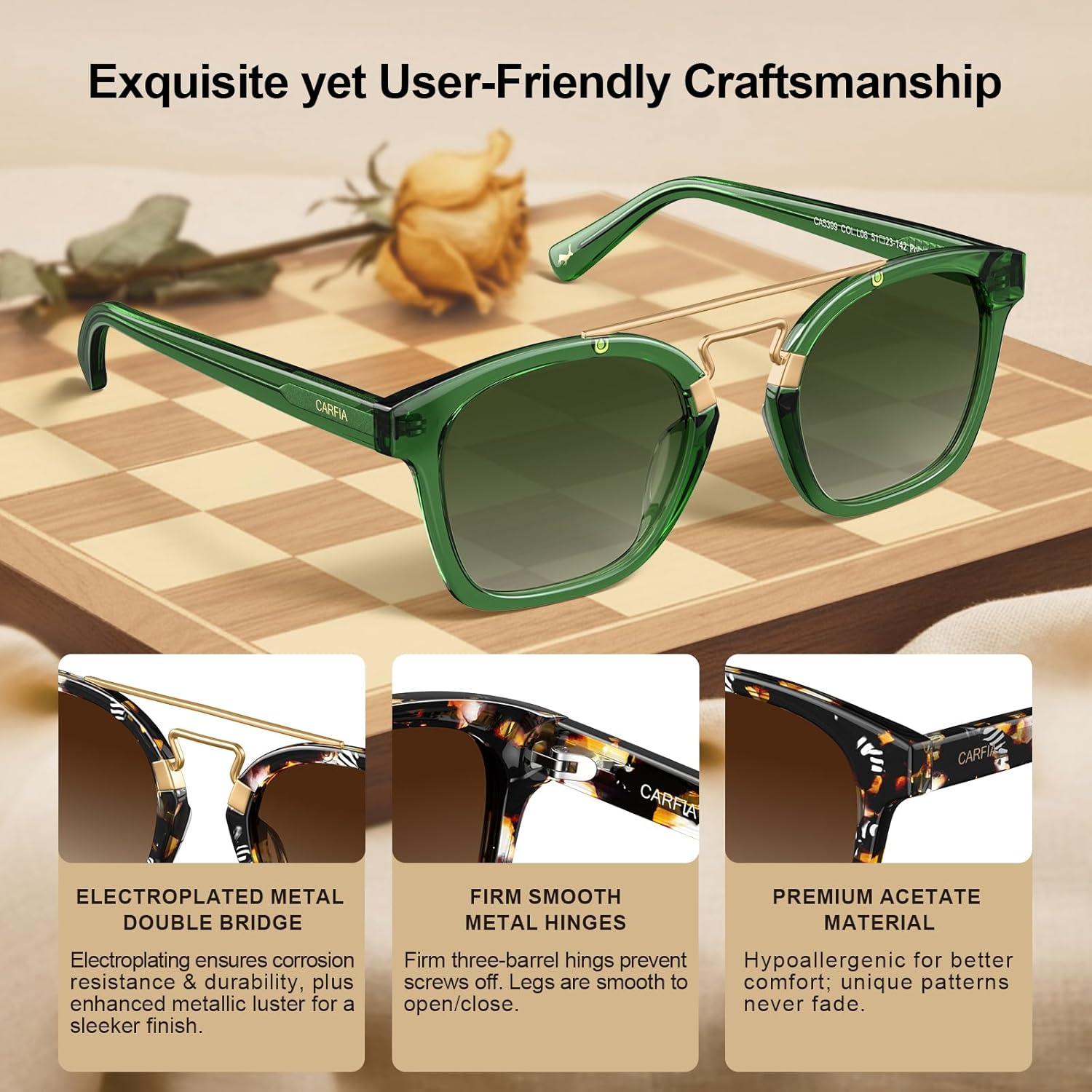 image:imageCARFIA Retro Polarized Sunglasses Womens UV400 Protection Unique Double Metal Bridge Premium Square Acetate ShadesA6green Frame Gradient Green Lenses