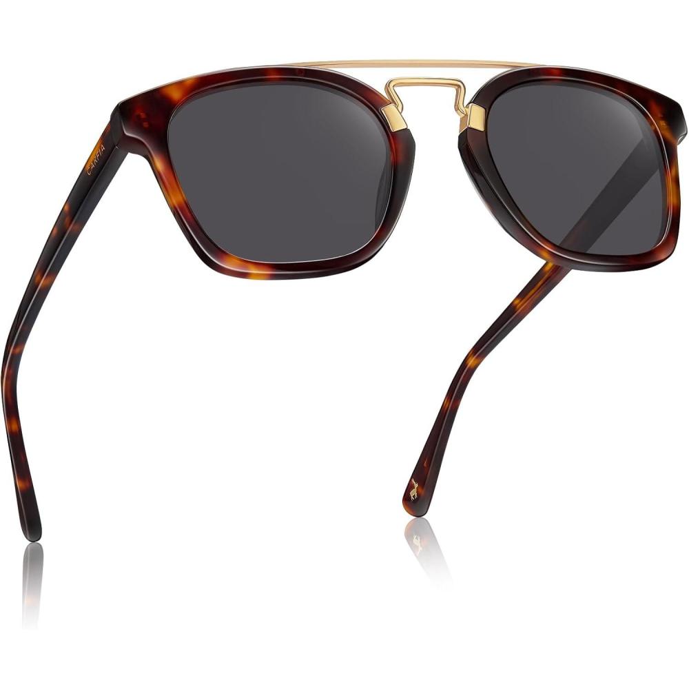image:imageCARFIA Retro Polarized Sunglasses Womens UV400 Protection Unique Double Metal Bridge Premium Square Acetate ShadesA3 Tortoisesshell Frame Grey Lens