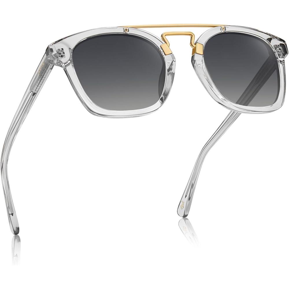 image:imageCARFIA Retro Polarized Sunglasses Womens UV400 Protection Unique Double Metal Bridge Premium Square Acetate ShadesA4transparent Grey Frame Grey Lens