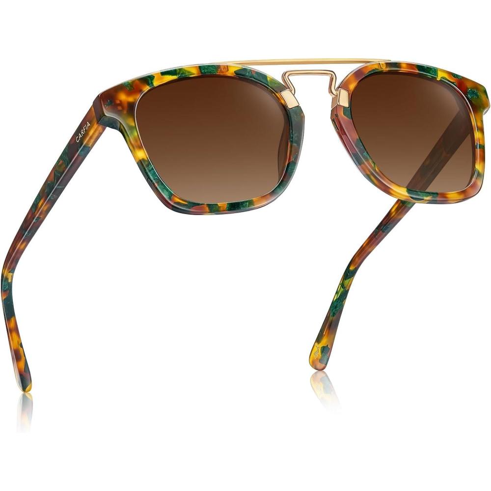 image:imageCARFIA Retro Polarized Sunglasses Womens UV400 Protection Unique Double Metal Bridge Premium Square Acetate ShadesA5mix Brown Frame Gradient Brown Lenses