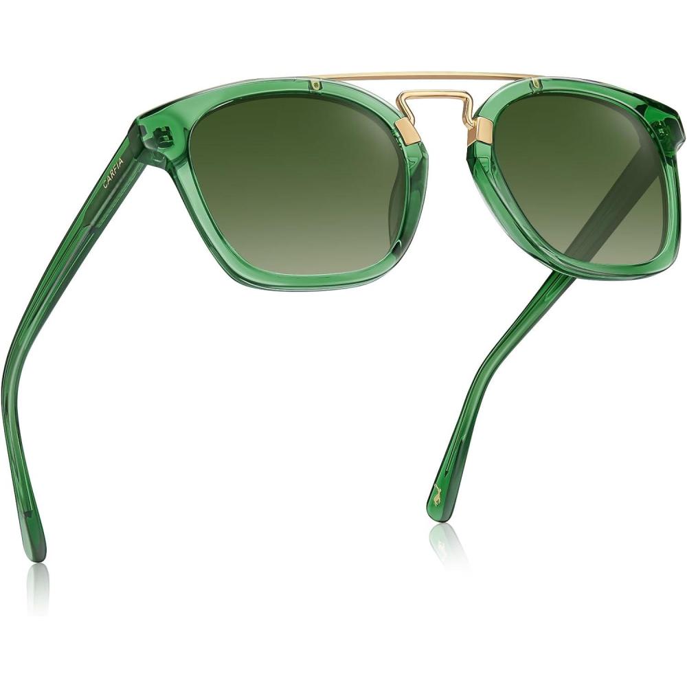 image:imageCARFIA Retro Polarized Sunglasses Womens UV400 Protection Unique Double Metal Bridge Premium Square Acetate ShadesA6green Frame Gradient Green Lenses