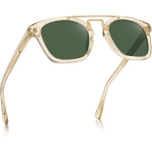 CARFIA Retro Polarized Sunglasses Womens UV400 Protection, Unique Double Metal Bridge, Premium Square Acetate Shades(A2 Transparent Yellow Frame Green Lenses)