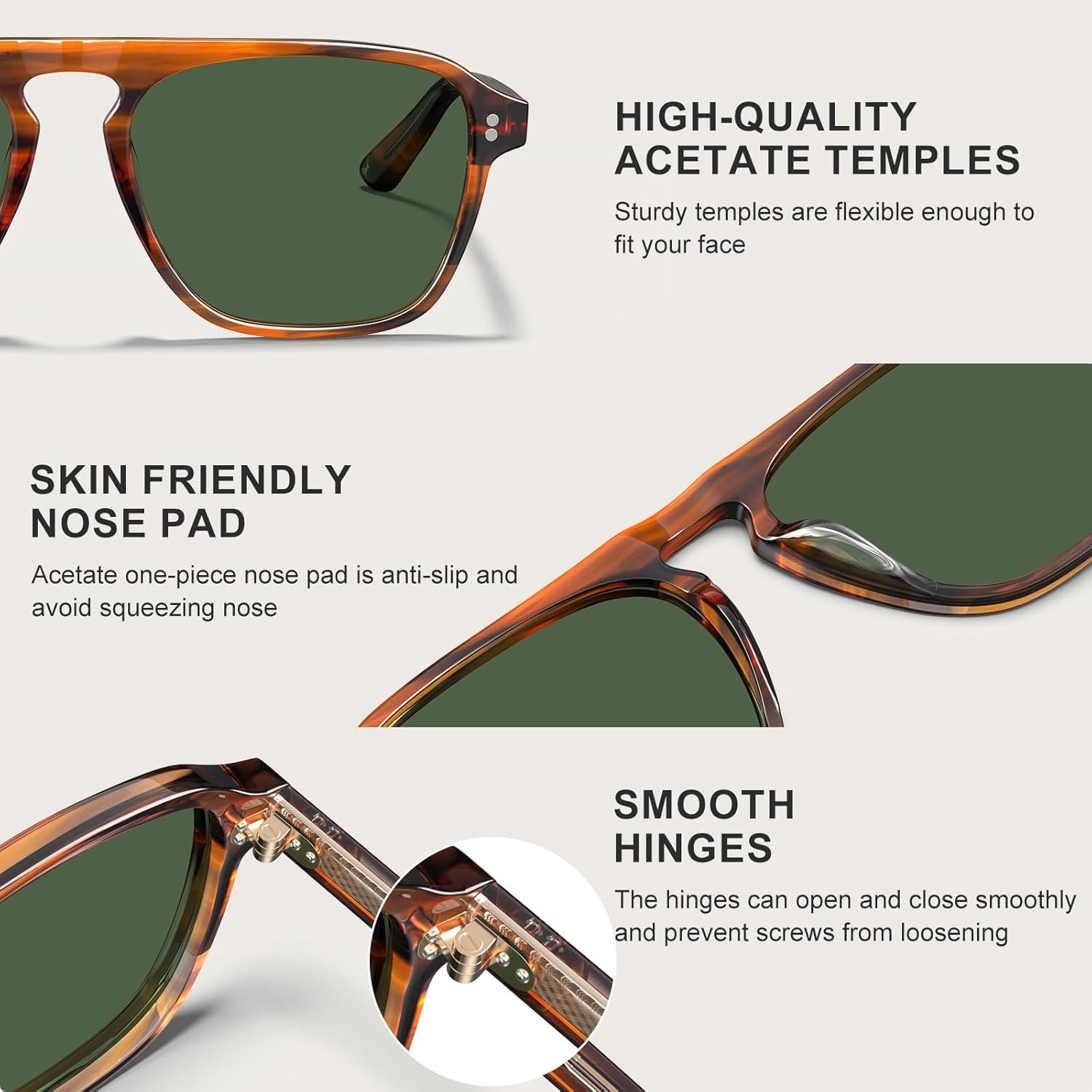 image:imageCARFIA Polarized Sunglasses for Men UV400 Protection Pilot Design Acetate Sun Glasses for Driving Fishing Outdoor CA53551 Brown Striped Frame Green Lens