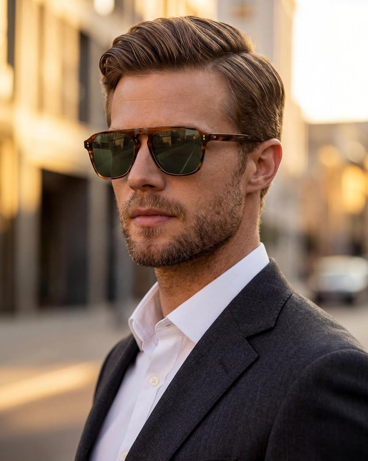 image:imageCARFIA Polarized Sunglasses for Men UV400 Protection Pilot Design Acetate Sun Glasses for Driving Fishing Outdoor CA53551 Brown Striped Frame Green Lens